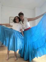 Photos of women posing with blue skirts