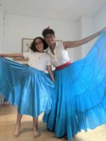 Photos of women posing with blue skirts