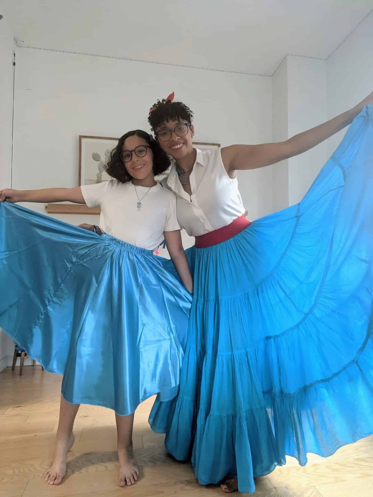 Photos of women posing with blue skirts